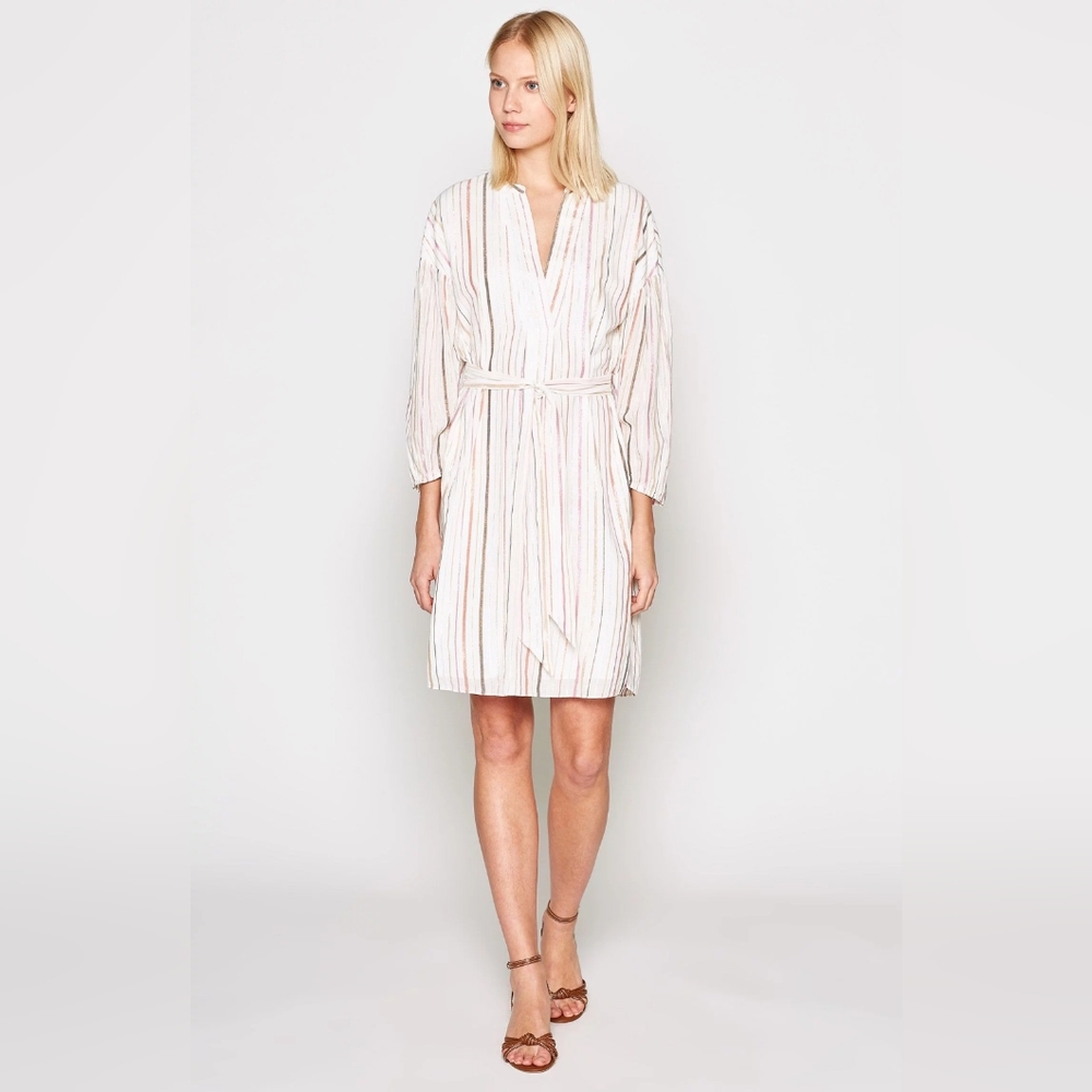 New JOIE "SEMRA" PORCELAIN METALLIC STRIPED BELTED TUNIC DRESS SIZE MED